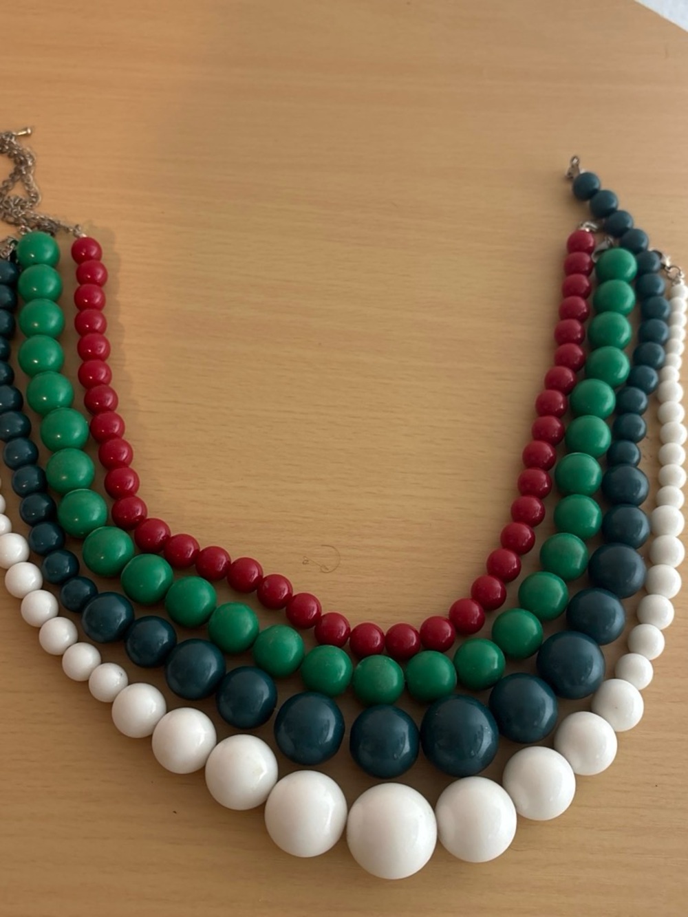 Multi-Strand Beaded Necklace in Red, Green, Teal and White